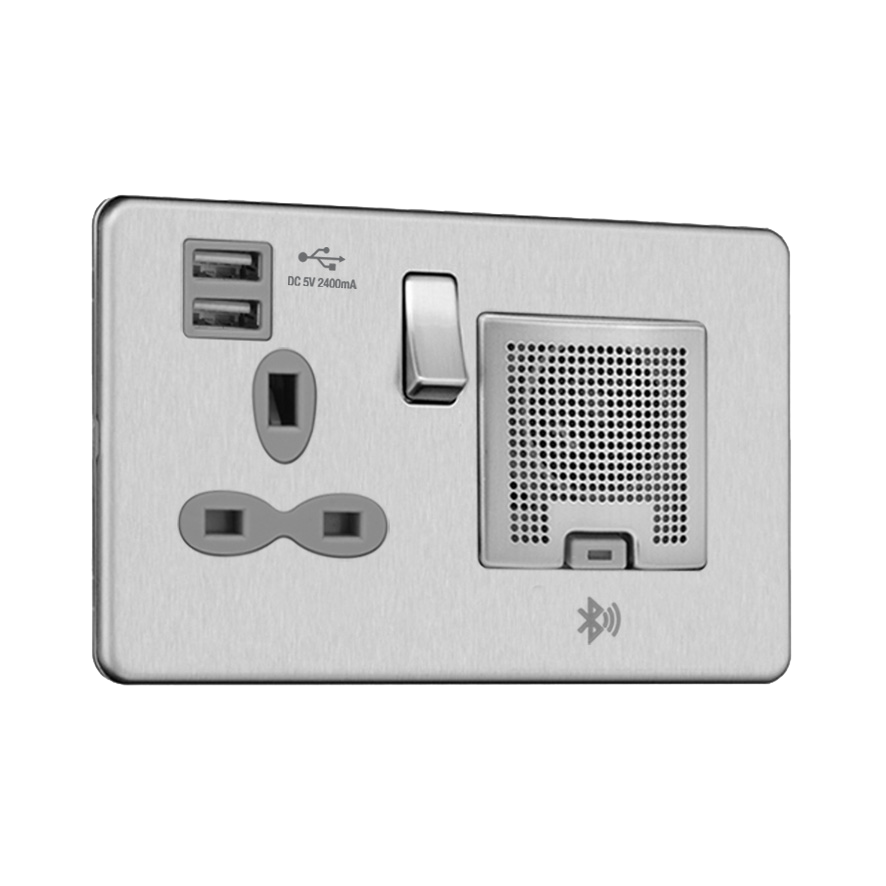 Slimline Screwless 2 gang 13A switched socket with USB (2.4A) and Bluetooth audio (TWS Function)