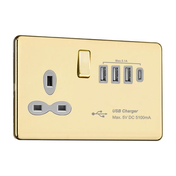 Slimline Screwless 13A Switched Socket with Quad USB A+C Charger