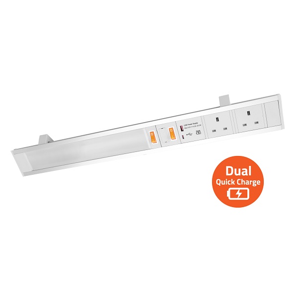 Power Station – 2 x BS socket with LED Strip Light & Dual USB Quick charger (Surface mount)