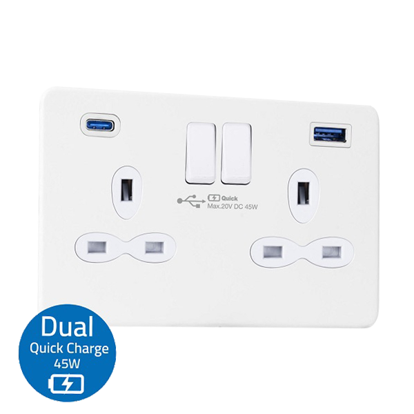 Slimline Screwless 13A 2G Switched Socket with 45W Synchronize Quick Charger of USB-A & C