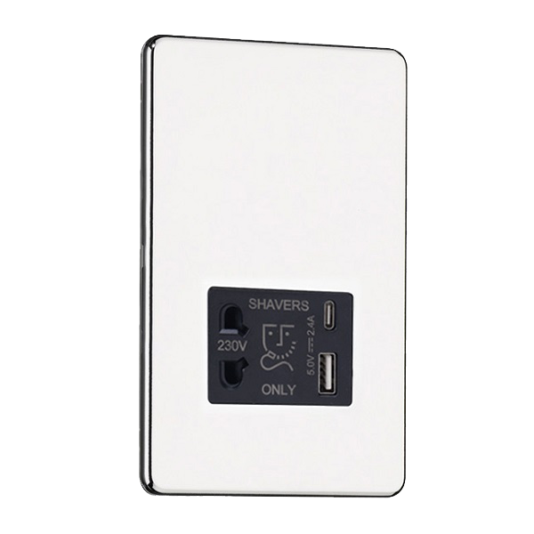 Slimline Screwless Shaver Socket with 2.4A USB A+C charger
